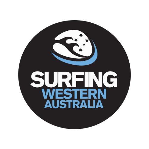 Logo with a white wave and stars on a black circle. Text reads "SURFING WESTERN AUSTRALIA" in bold white and blue letters.